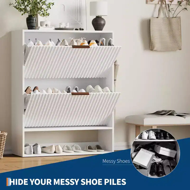Meuble à chaussures avec 2 tiroirs basculants, Organisateur de chaussures dissimulé sur pied avec étagère ouverte inférieure, Meuble à chaussures étroit pour couloir