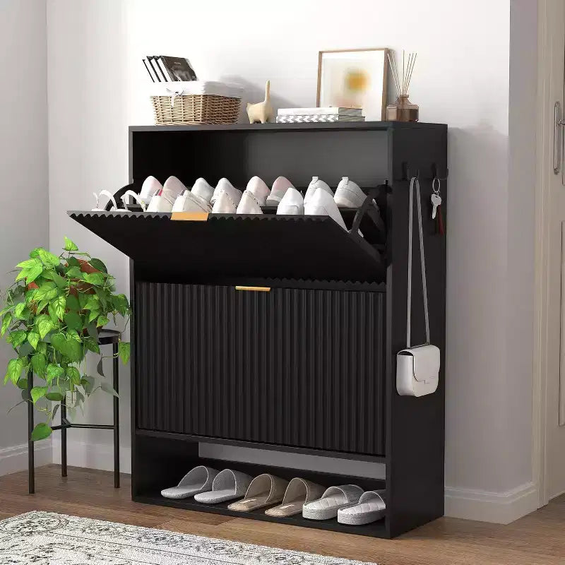 Meuble à chaussures avec 2 tiroirs basculants, Organisateur de chaussures dissimulé sur pied avec étagère ouverte inférieure, Meuble à chaussures étroit pour couloir