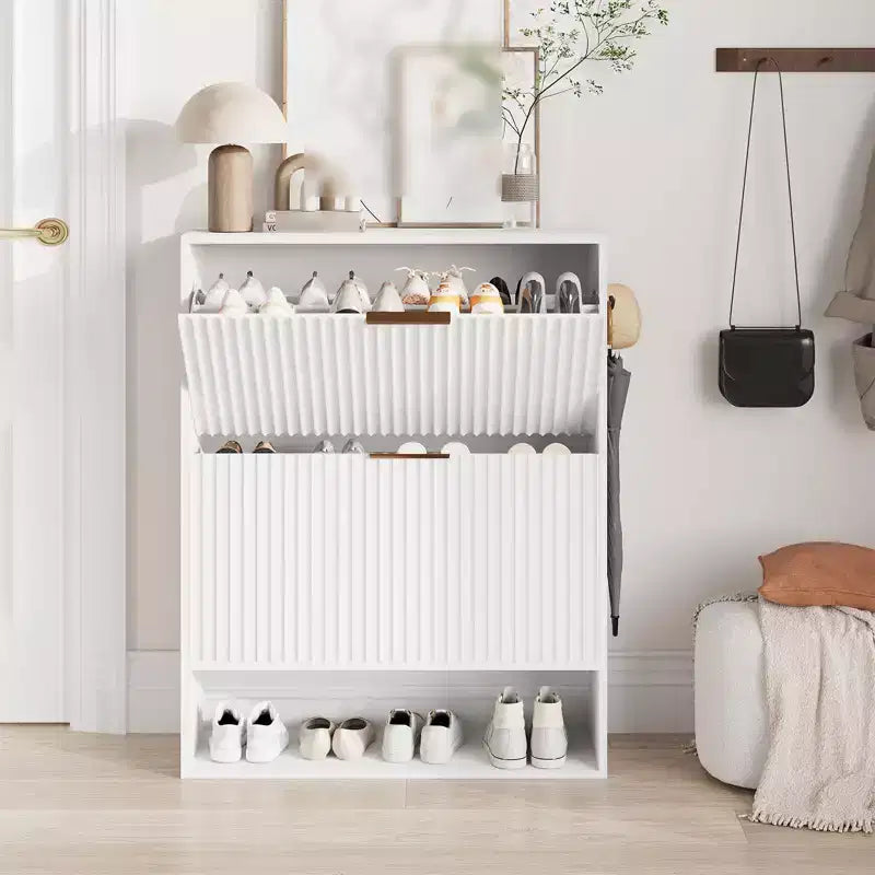 Shoe Storage Cabinet With 2 Flip Drawers, Freestanding Hidden Shoe Organizer with Bottom Open Shelf, Narrow Shoe Rack Cabinet For Hallway
