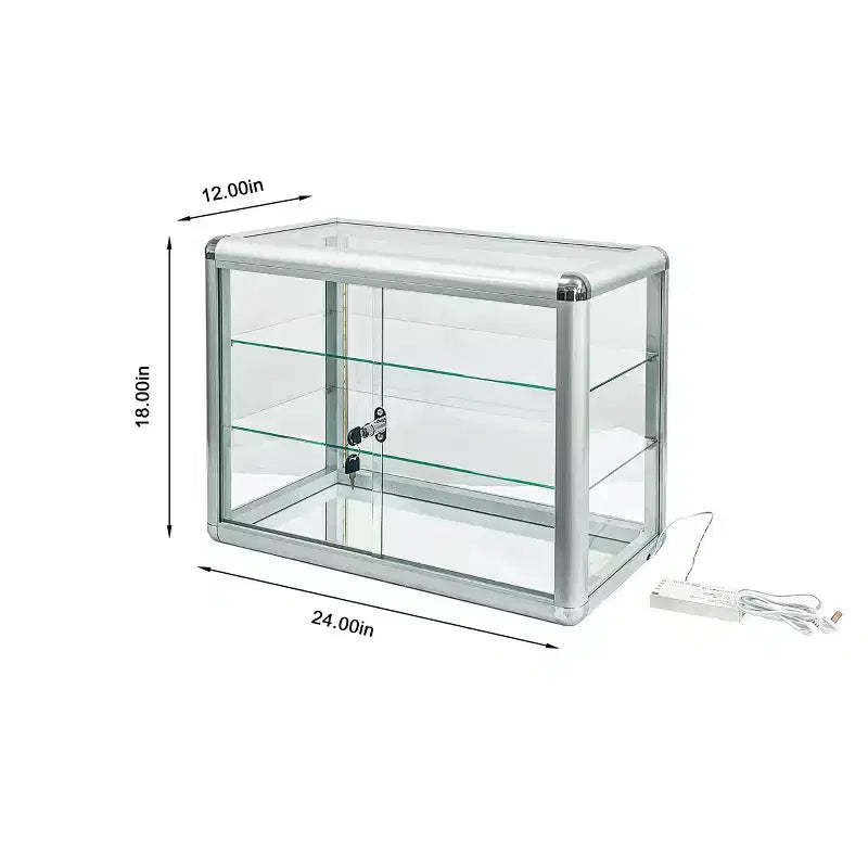 Vitrine en verre trempé avec porte coulissante en verre et serrure, cadre en aluminium standard, vitrine avec porte coulissante en verre, serrure et LED
