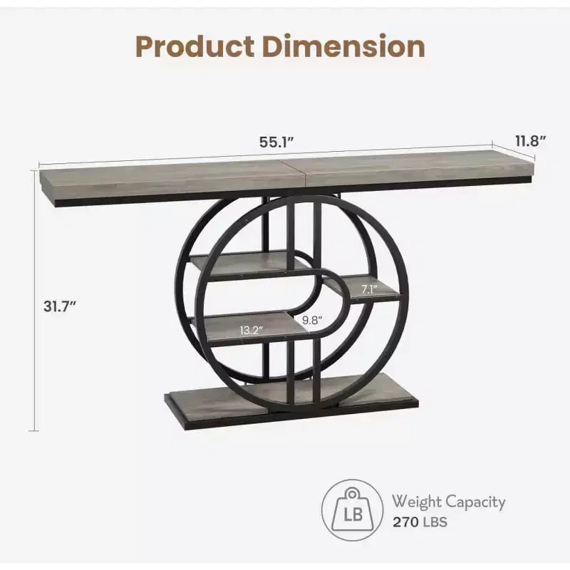 Console de 140 cm pour entrée, table de canapé de couloir industrielle avec étagères de rangement, table d'appoint étroite à 5 niveaux avec étagères de rangement circulaires