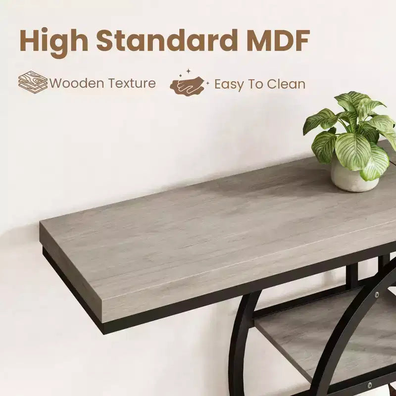 Console de 140 cm pour entrée, table de canapé de couloir industrielle avec étagères de rangement, table d'appoint étroite à 5 niveaux avec étagères de rangement circulaires