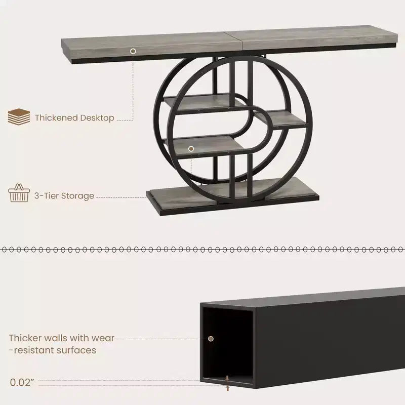 Console de 140 cm pour entrée, table de canapé de couloir industrielle avec étagères de rangement, table d'appoint étroite à 5 niveaux avec étagères de rangement circulaires