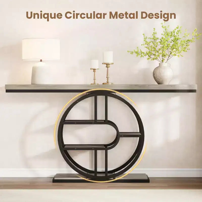 Console de 140 cm pour entrée, table de canapé de couloir industrielle avec étagères de rangement, table d'appoint étroite à 5 niveaux avec étagères de rangement circulaires