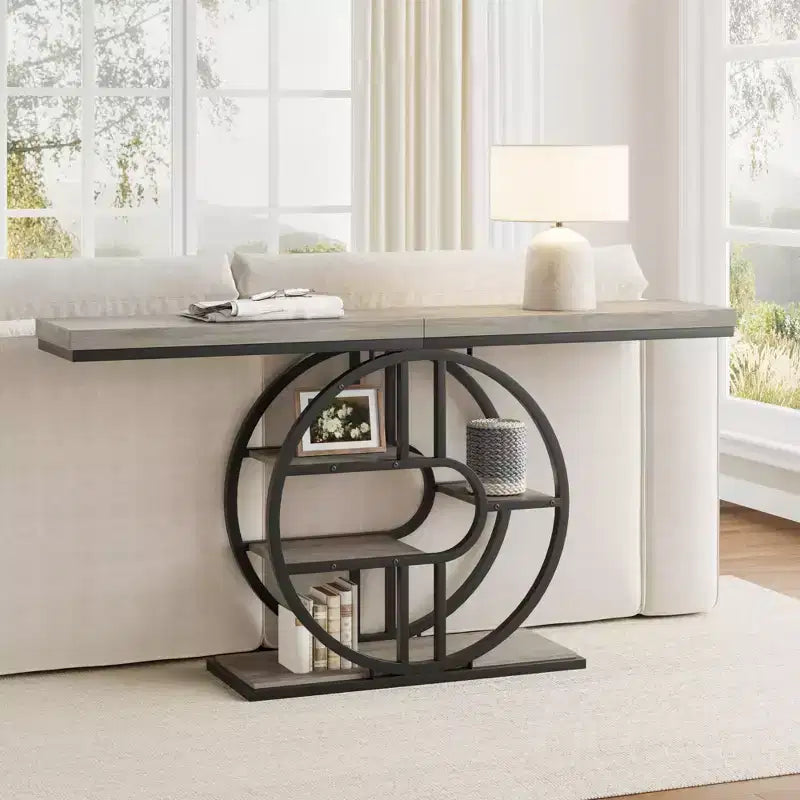 Console de 140 cm pour entrée, table de canapé de couloir industrielle avec étagères de rangement, table d'appoint étroite à 5 niveaux avec étagères de rangement circulaires