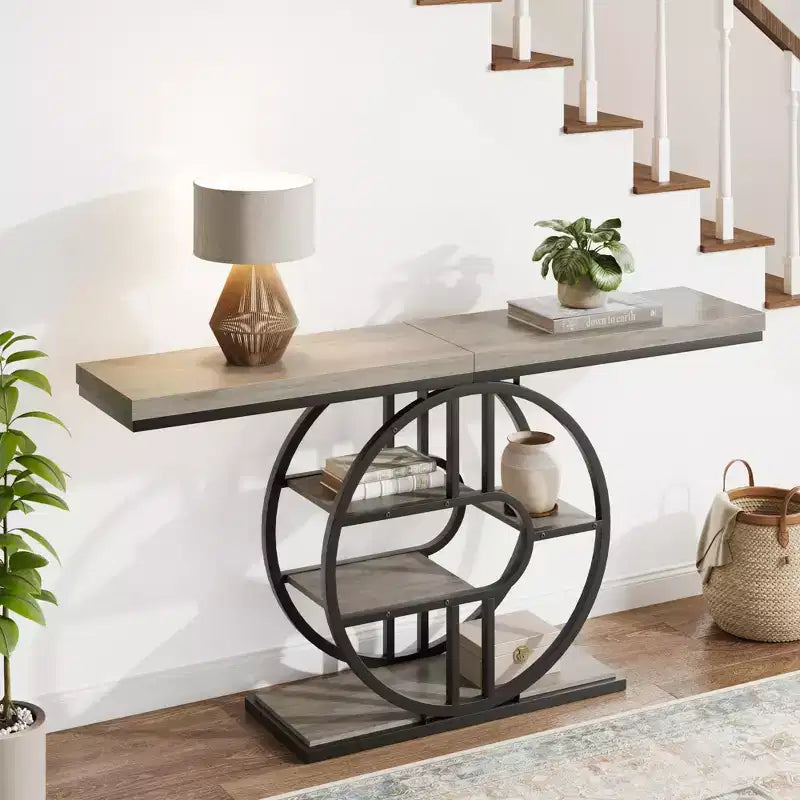 Console de 140 cm pour entrée, table de canapé de couloir industrielle avec étagères de rangement, table d'appoint étroite à 5 niveaux avec étagères de rangement circulaires