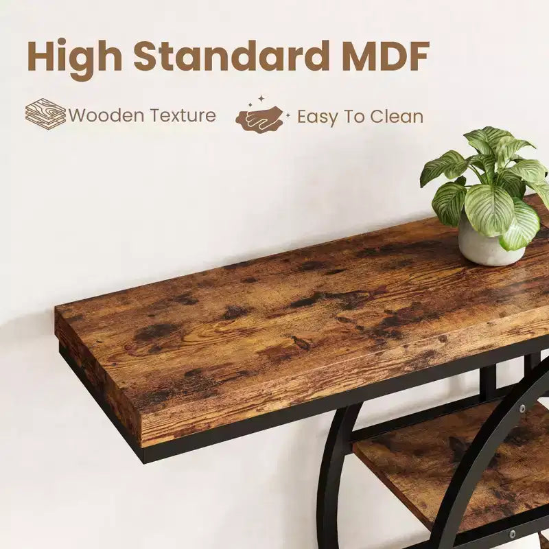 Console de 140 cm pour entrée, table de canapé de couloir industrielle avec étagères de rangement, table d'appoint étroite à 5 niveaux avec étagères de rangement circulaires