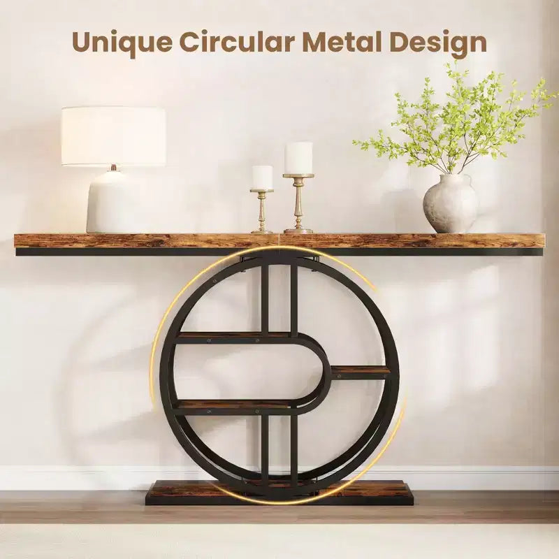 Console de 140 cm pour entrée, table de canapé de couloir industrielle avec étagères de rangement, table d'appoint étroite à 5 niveaux avec étagères de rangement circulaires