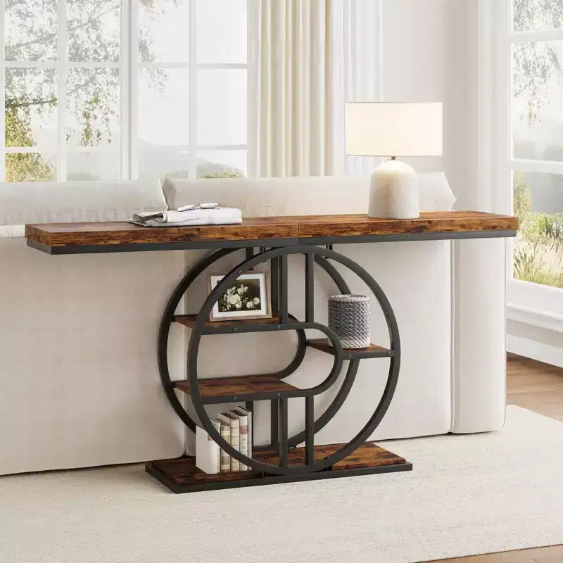 Console de 140 cm pour entrée, table de canapé de couloir industrielle avec étagères de rangement, table d'appoint étroite à 5 niveaux avec étagères de rangement circulaires