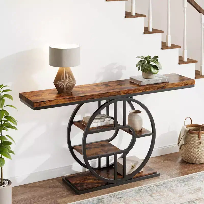 Console de 140 cm pour entrée, table de canapé de couloir industrielle avec étagères de rangement, table d'appoint étroite à 5 niveaux avec étagères de rangement circulaires
