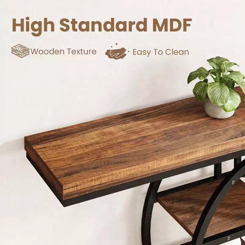 Console de 140 cm pour entrée, table de canapé de couloir industrielle avec étagères de rangement, table d'appoint étroite à 5 niveaux avec étagères de rangement circulaires
