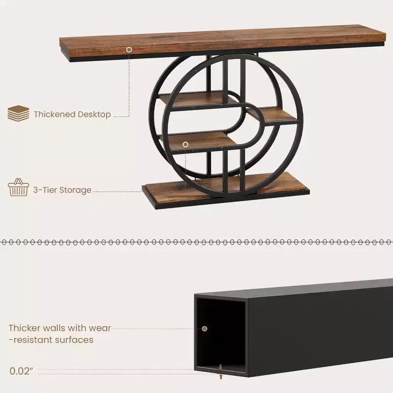 Console de 140 cm pour entrée, table de canapé de couloir industrielle avec étagères de rangement, table d'appoint étroite à 5 niveaux avec étagères de rangement circulaires