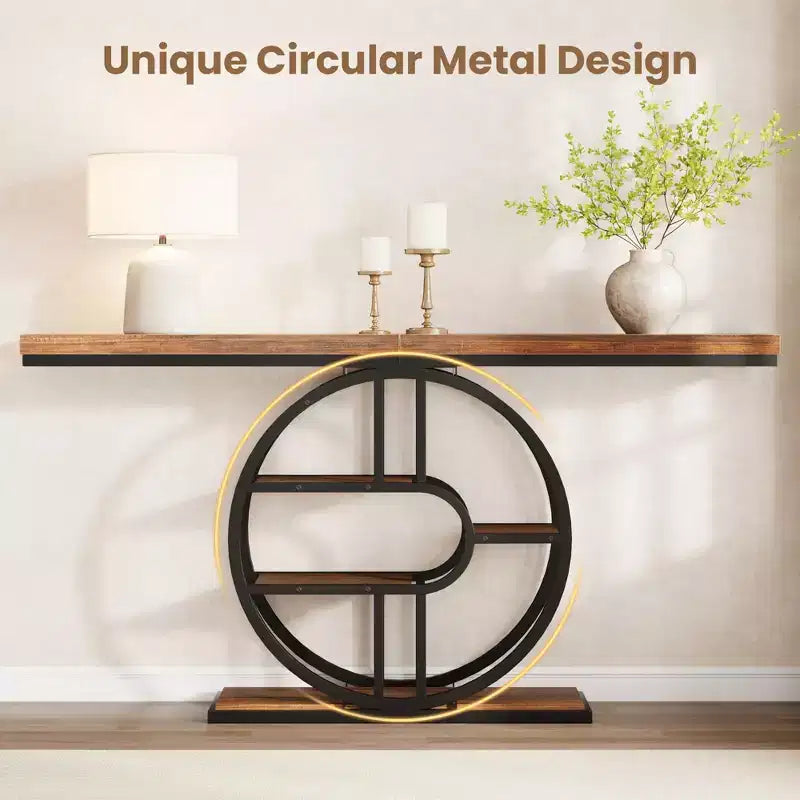 Console de 140 cm pour entrée, table de canapé de couloir industrielle avec étagères de rangement, table d'appoint étroite à 5 niveaux avec étagères de rangement circulaires