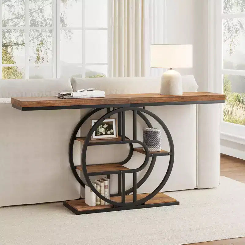 Console de 140 cm pour entrée, table de canapé de couloir industrielle avec étagères de rangement, table d'appoint étroite à 5 niveaux avec étagères de rangement circulaires