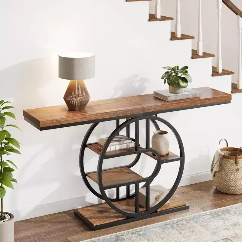 Console de 140 cm pour entrée, table de canapé de couloir industrielle avec étagères de rangement, table d'appoint étroite à 5 niveaux avec étagères de rangement circulaires
