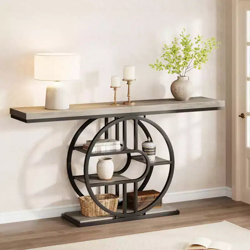 Console de 140 cm pour entrée, table de canapé de couloir industrielle avec étagères de rangement, table d'appoint étroite à 5 niveaux avec étagères de rangement circulaires