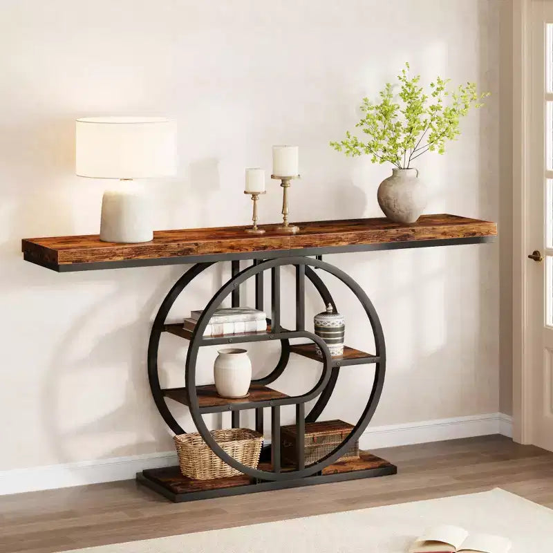 Console de 140 cm pour entrée, table de canapé de couloir industrielle avec étagères de rangement, table d'appoint étroite à 5 niveaux avec étagères de rangement circulaires
