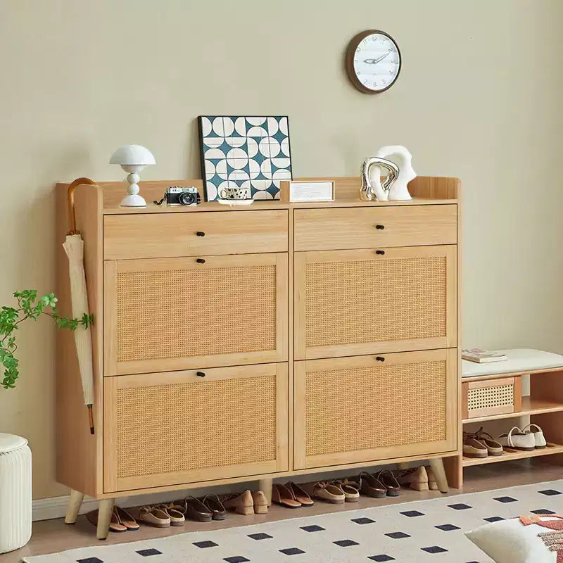 Rattan Shoe Storage Cabinet, Farmhouse Entryway Table with 4 Flip Drawers and 2 Drawers, Wooden Shoe Organizer for Entrance, Hallway