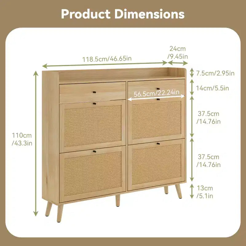 Meuble de rangement pour chaussures en rotin, table d'entrée de style ferme avec 4 tiroirs basculants et 2 tiroirs, organiseur de chaussures en bois pour entrée, couloir
