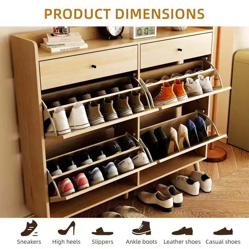 Meuble de rangement pour chaussures en rotin, table d'entrée de style ferme avec 4 tiroirs basculants et 2 tiroirs, organiseur de chaussures en bois pour entrée, couloir