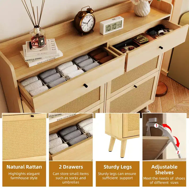 Meuble de rangement pour chaussures en rotin, table d'entrée de style ferme avec 4 tiroirs basculants et 2 tiroirs, organiseur de chaussures en bois pour entrée, couloir