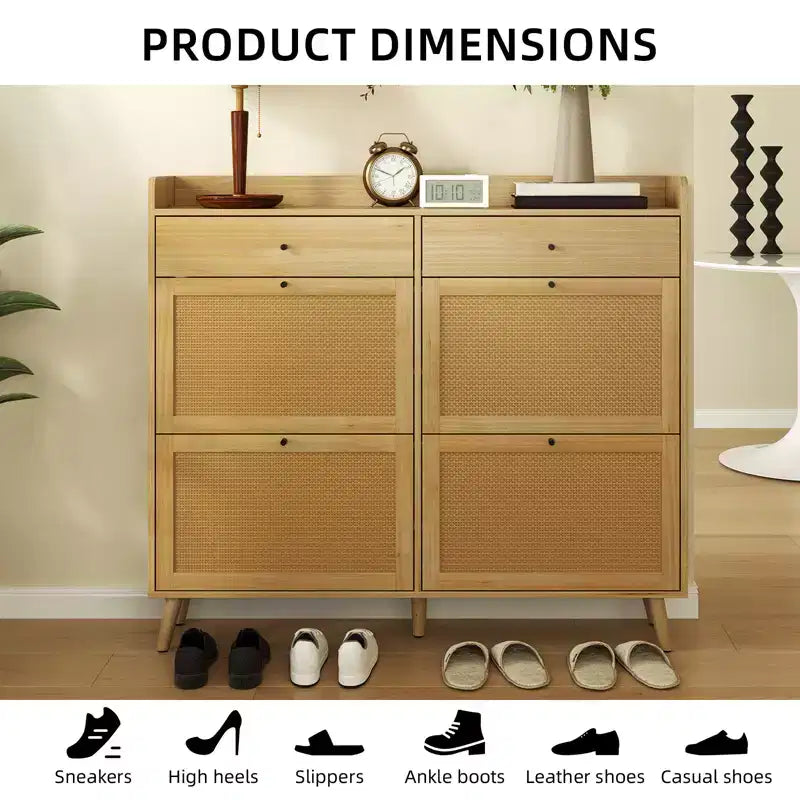 Meuble de rangement pour chaussures en rotin, table d'entrée de style ferme avec 4 tiroirs basculants et 2 tiroirs, organiseur de chaussures en bois pour entrée, couloir