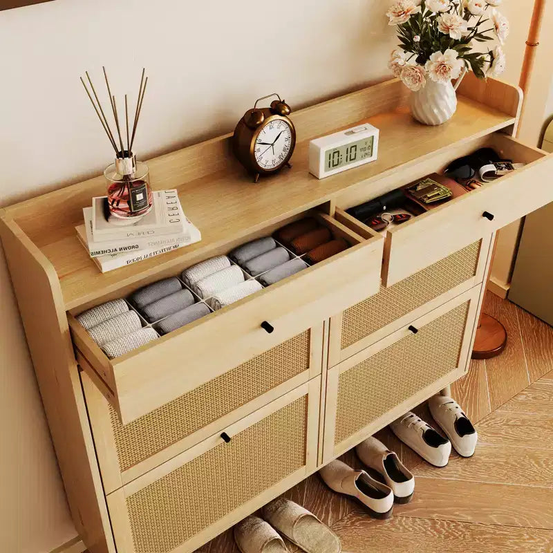 Meuble de rangement pour chaussures en rotin, table d'entrée de style ferme avec 4 tiroirs basculants et 2 tiroirs, organiseur de chaussures en bois pour entrée, couloir