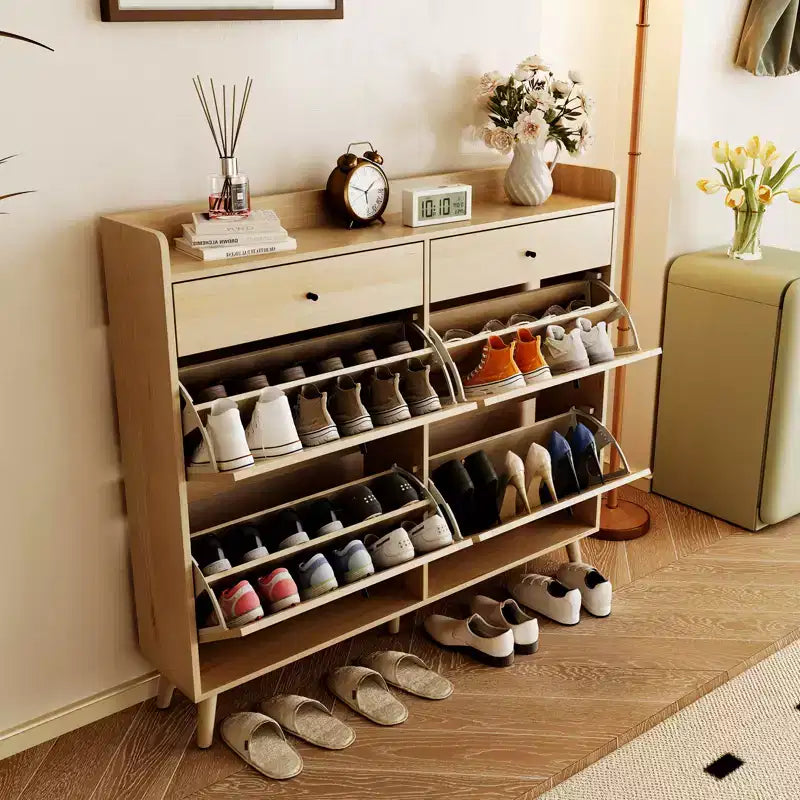 Meuble de rangement pour chaussures en rotin, table d'entrée de style ferme avec 4 tiroirs basculants et 2 tiroirs, organiseur de chaussures en bois pour entrée, couloir