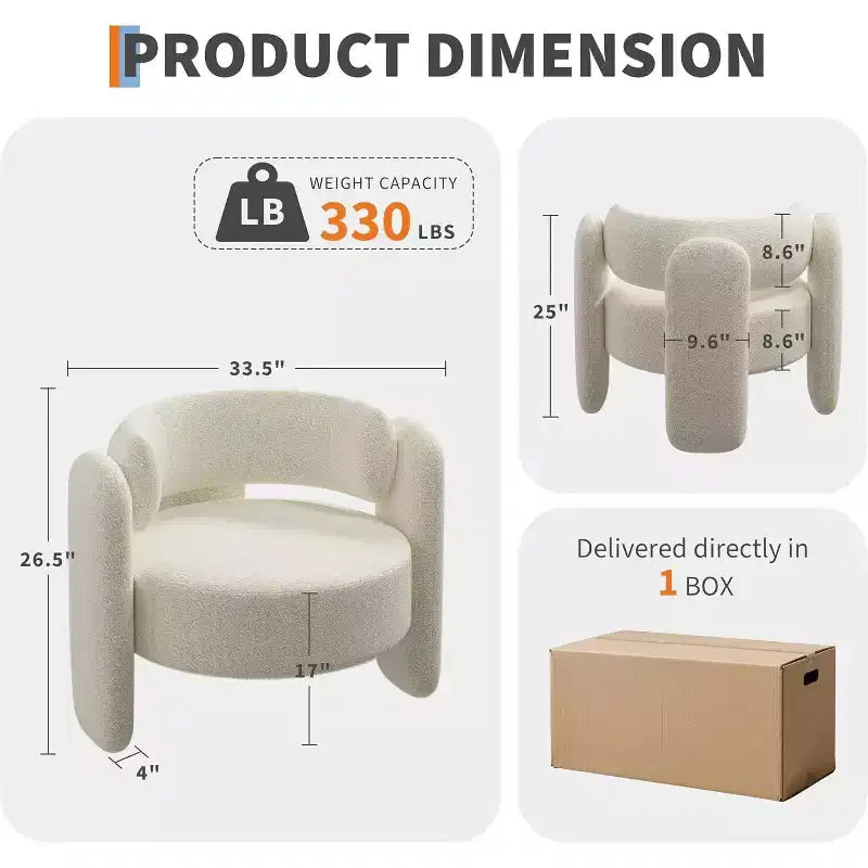 Fauteuil d'appoint moderne en forme de tonneau, fauteuil de salon rembourré, fauteuil confortable avec accoudoirs arrondis et dossier ouvert, fauteuil de salon d'appoint aux coins arrondis pour la maison