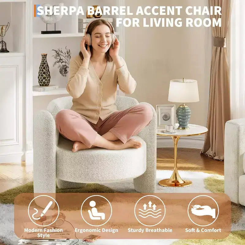 Fauteuil d'appoint moderne en forme de tonneau, fauteuil de salon rembourré, fauteuil confortable avec accoudoirs arrondis et dossier ouvert, fauteuil de salon d'appoint aux coins arrondis pour la maison