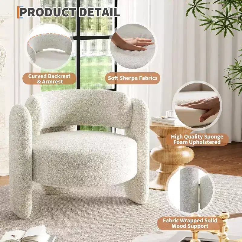 Fauteuil d'appoint moderne en forme de tonneau, fauteuil de salon rembourré, fauteuil confortable avec accoudoirs arrondis et dossier ouvert, fauteuil de salon d'appoint aux coins arrondis pour la maison