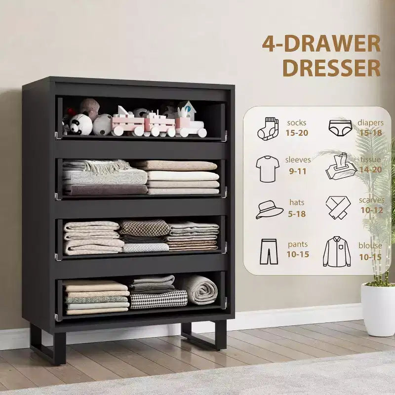 Commode de Chambre à Coucher 4 Tiroirs, Commode Haute de 105 cm, Meuble Tiroir Vertical Autonome avec Rangement, Coffre de Rangement en Bois pour Chambre à Coucher, Couloir, Entrée