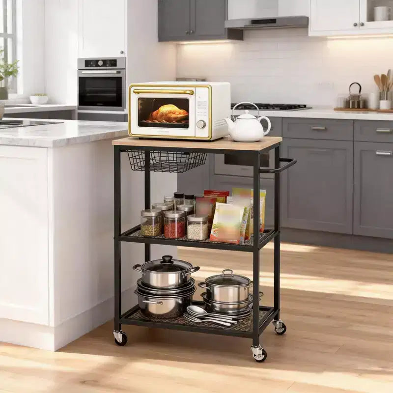 Dessertes de cuisine roulantes pour micro-ondes, Chariot de cuisine utilitaire à 3 niveaux sur roulettes avec poignée et panier de rangement, Station de table de bar à café pour salon ou bureau