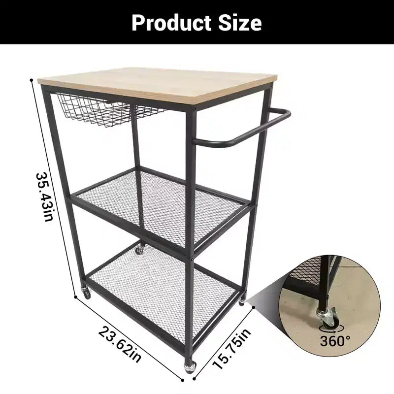 Dessertes de cuisine roulantes pour micro-ondes, Chariot de cuisine utilitaire à 3 niveaux sur roulettes avec poignée et panier de rangement, Station de table de bar à café pour salon ou bureau