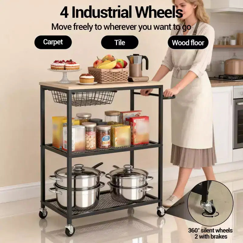 Dessertes de cuisine roulantes pour micro-ondes, Chariot de cuisine utilitaire à 3 niveaux sur roulettes avec poignée et panier de rangement, Station de table de bar à café pour salon ou bureau