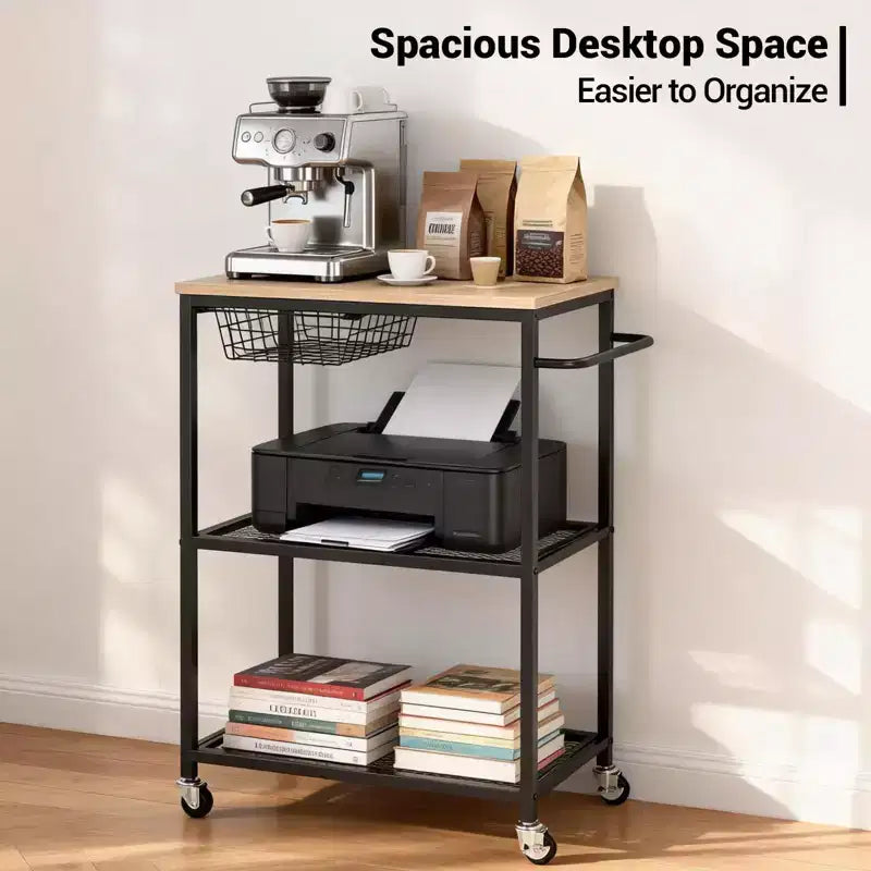Dessertes de cuisine roulantes pour micro-ondes, Chariot de cuisine utilitaire à 3 niveaux sur roulettes avec poignée et panier de rangement, Station de table de bar à café pour salon ou bureau