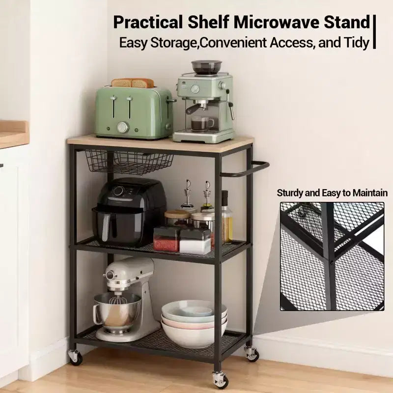 Dessertes de cuisine roulantes pour micro-ondes, Chariot de cuisine utilitaire à 3 niveaux sur roulettes avec poignée et panier de rangement, Station de table de bar à café pour salon ou bureau