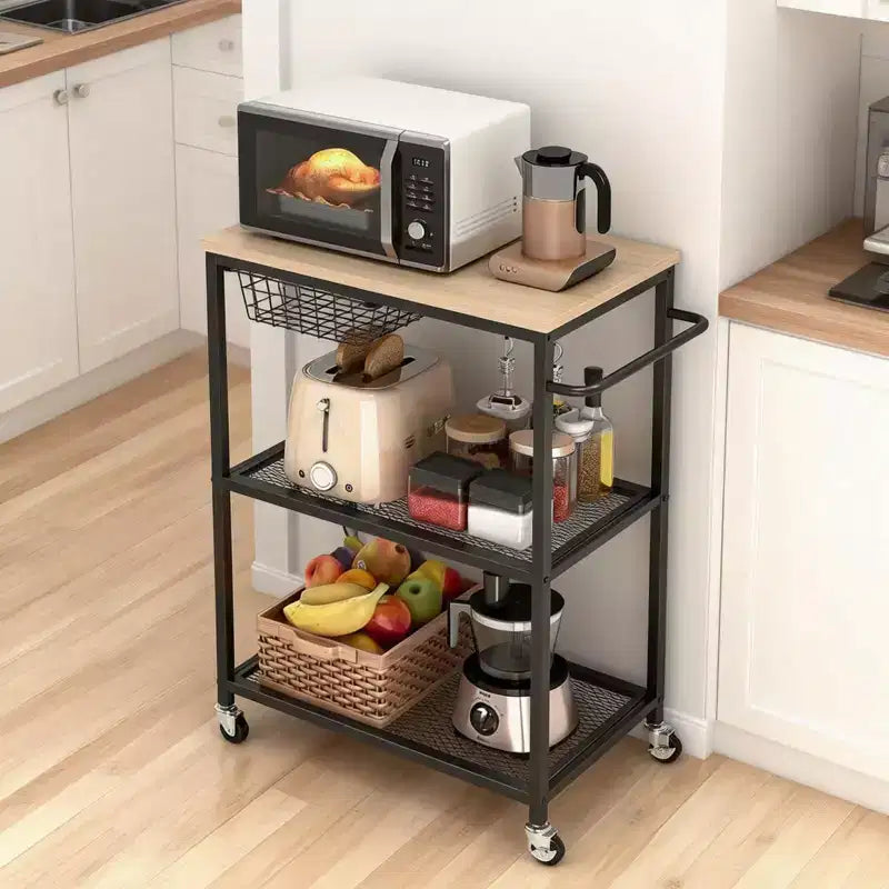 Dessertes de cuisine roulantes pour micro-ondes, Chariot de cuisine utilitaire à 3 niveaux sur roulettes avec poignée et panier de rangement, Station de table de bar à café pour salon ou bureau