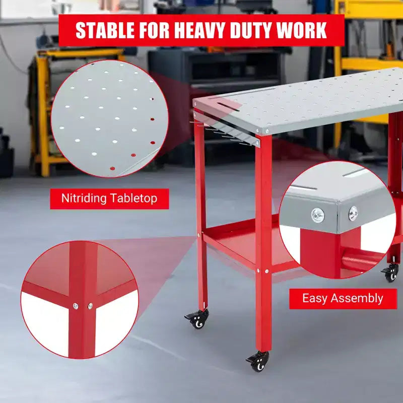 Table de soudage 36x18, Établi en acier capacité 1200 lbs avec 8 fentes à outils, trous de fixation 1/2, Table de travail de soudage avec plateau à outils et 4 roulettes verrouillables