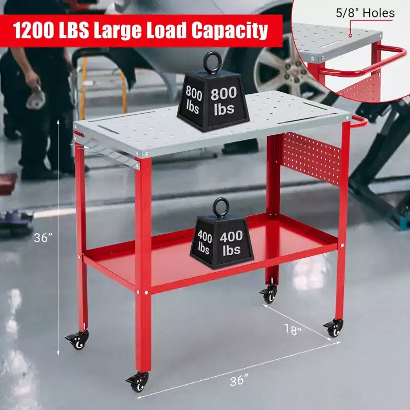 Table de soudage 36x18, Établi en acier capacité 1200 lbs avec 8 fentes à outils, trous de fixation 1/2, Table de travail de soudage avec plateau à outils et 4 roulettes verrouillables