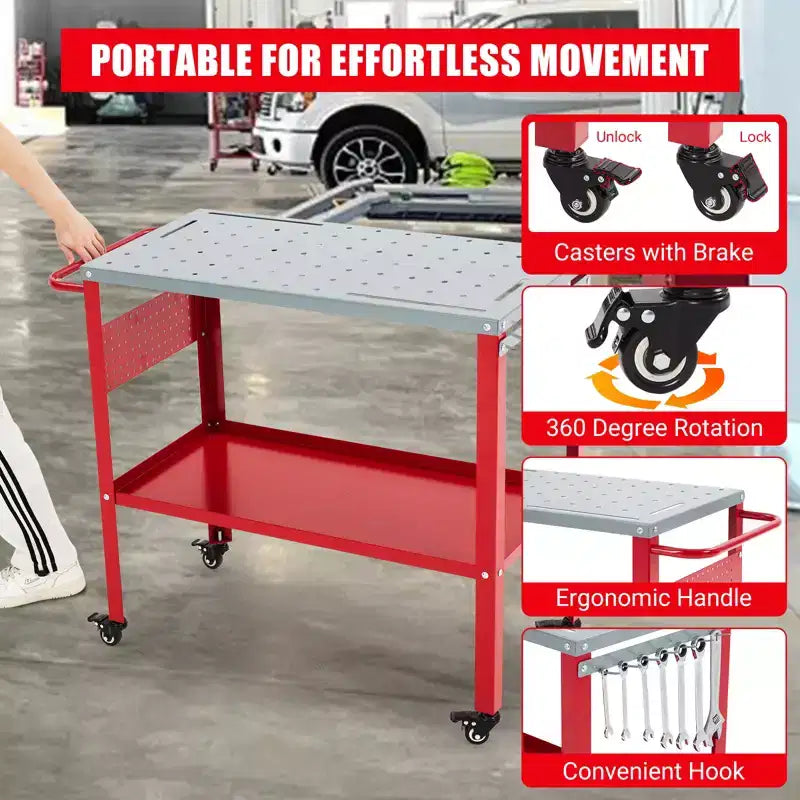 Table de soudage 36x18, Établi en acier capacité 1200 lbs avec 8 fentes à outils, trous de fixation 1/2, Table de travail de soudage avec plateau à outils et 4 roulettes verrouillables