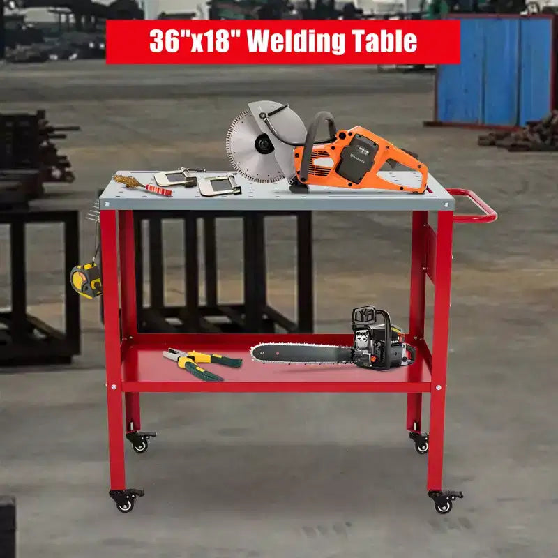 Table de soudage 36x18, Établi en acier capacité 1200 lbs avec 8 fentes à outils, trous de fixation 1/2, Table de travail de soudage avec plateau à outils et 4 roulettes verrouillables