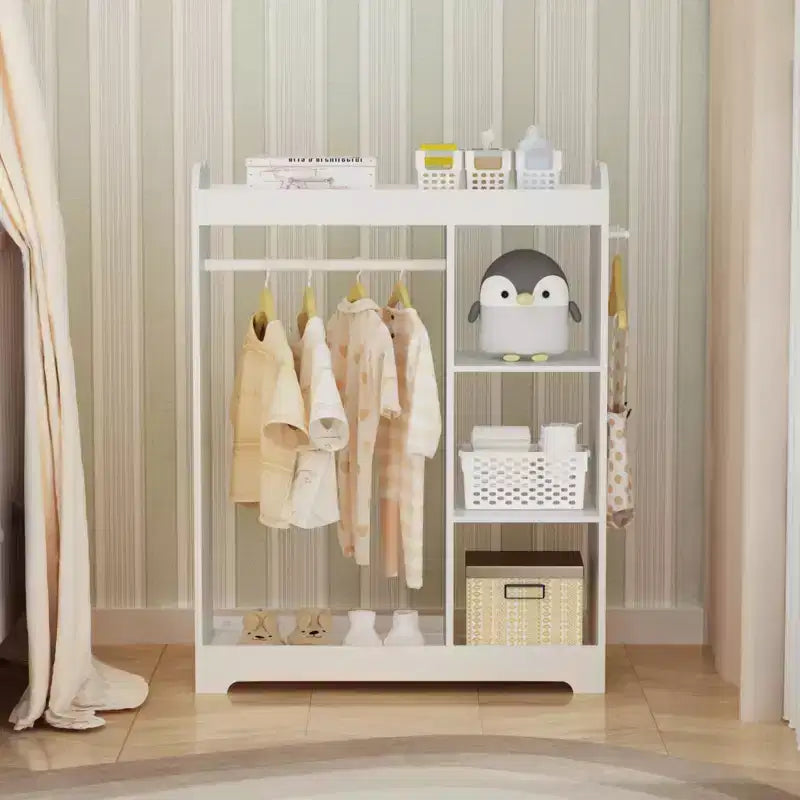 Kids Dresser Storage Rack with Mirror & Hooks, Wooden Rack with Hanging Rod, 3 Side Hooks, Shelves, Top ShelfPlayroom, Bedroom, Nursery, White