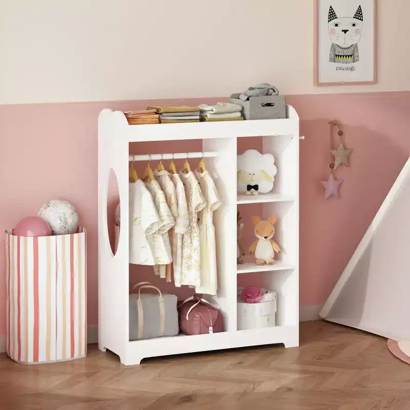 Commode pour enfants avec miroir et crochets, étagère en bois avec tringle à suspendre, 3 crochets latéraux, étagères, étagère supérieure, salle de jeux, chambre, chambre d'enfant, blanc
