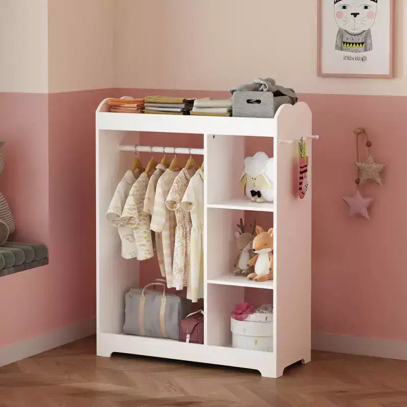 Commode pour enfants avec miroir et crochets, étagère en bois avec tringle à suspendre, 3 crochets latéraux, étagères, étagère supérieure, salle de jeux, chambre, chambre d'enfant, blanc