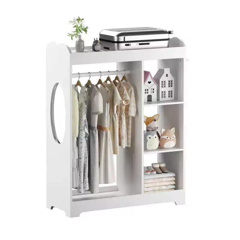 Commode pour enfants avec miroir et crochets, étagère en bois avec tringle à suspendre, 3 crochets latéraux, étagères, étagère supérieure, salle de jeux, chambre, chambre d'enfant, blanc