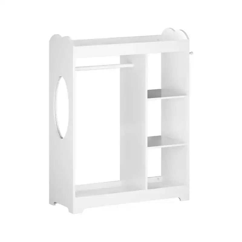 Commode pour enfants avec miroir et crochets, étagère en bois avec tringle à suspendre, 3 crochets latéraux, étagères, étagère supérieure, salle de jeux, chambre, chambre d'enfant, blanc