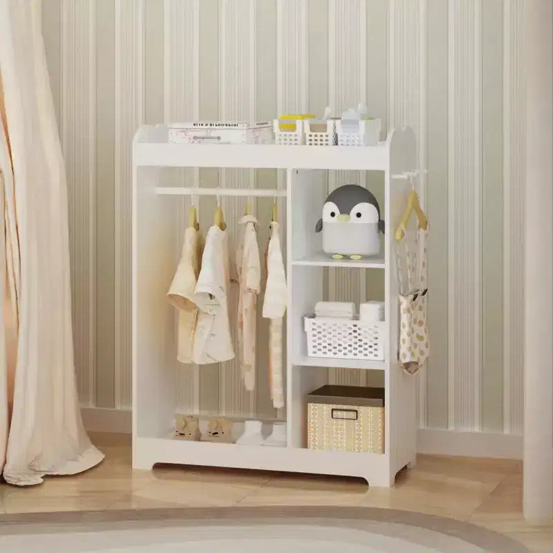 Commode pour enfants avec miroir et crochets, étagère en bois avec tringle à suspendre, 3 crochets latéraux, étagères, étagère supérieure, salle de jeux, chambre, chambre d'enfant, blanc