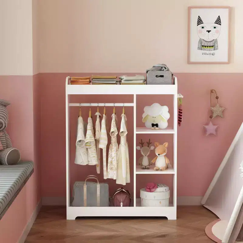 Commode pour enfants avec miroir et crochets, étagère en bois avec tringle à suspendre, 3 crochets latéraux, étagères, étagère supérieure, salle de jeux, chambre, chambre d'enfant, blanc