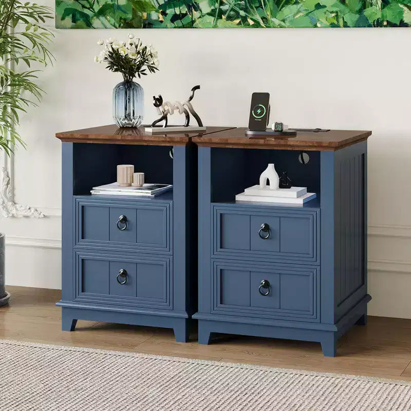 Modern Farmhouse bedside table  18 Wooden Bedside Table, 2 Drawers, Open Shelf  Bedroom & Living Room End Table